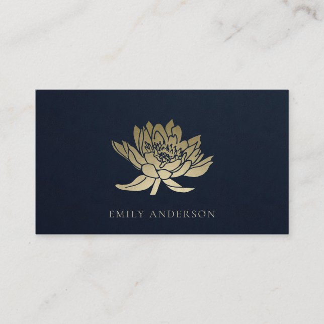 ELEGANT FORMELLT TRENDIG NAVY FAUX GULD LOTUS BLOM VISITKORT (Framsida)