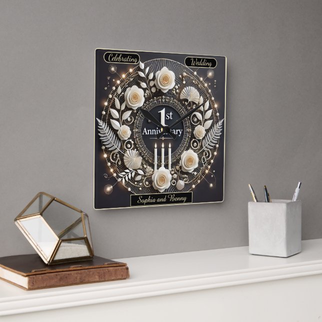 Elegant första årsdagskransdesign fyrkantig klocka (Kontor)