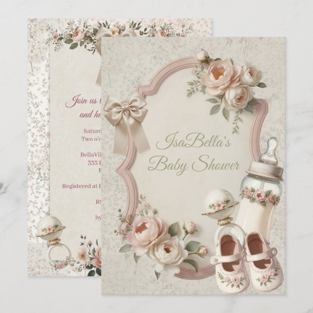 Elegant Första Blommande Baby Shower Blommig Inbju Inbjudningar (Fram/baksida)
