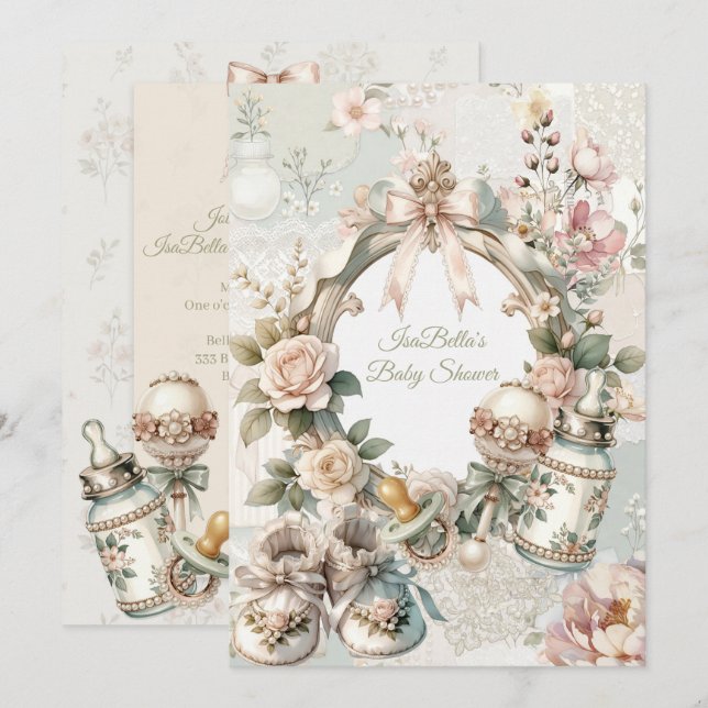 Elegant Första Blommande Baby Shower Inbjudan med  (Fram/baksida)