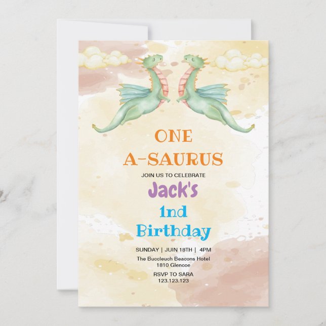Elegant Första födelsedag Dinosaur Vattenfärg Inbjudningar (Framsida)