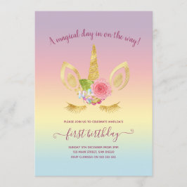 Elegant, första födelsedag guld glitter unicorn inbjudningar