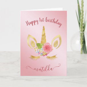 Elegant första födelsedag guld glitter unicorn kort