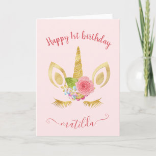 Elegant, första födelsedag guld glitter unicorn kort