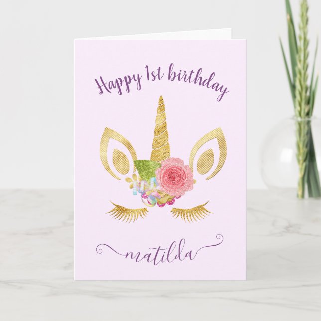 Elegant, första födelsedag guld glitter unicorn kort (Framsida)