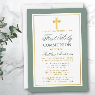 Elegant Första Heligan Communion Sage Grönt Guld Inbjudningar