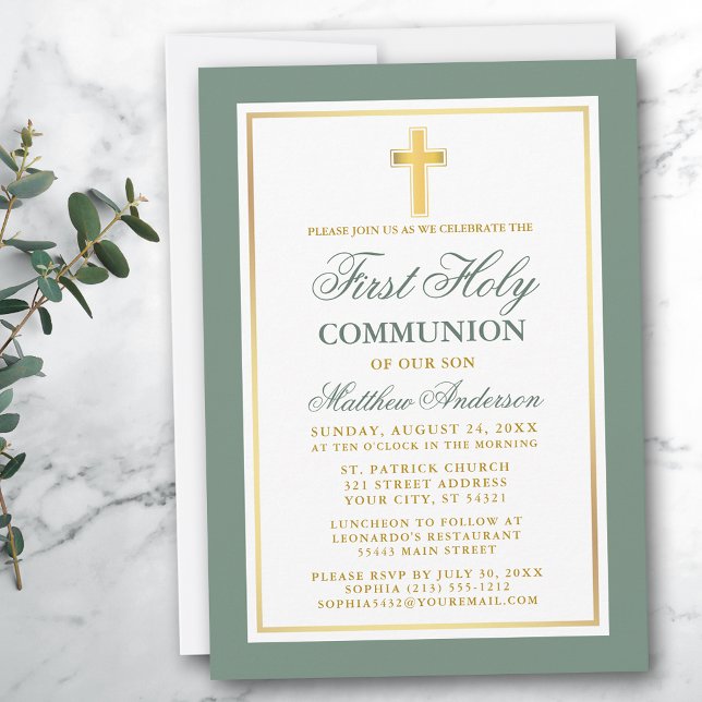 Elegant Första Heligan Communion Sage Grönt Guld Inbjudningar (Customize to change text size, color or text style.)
