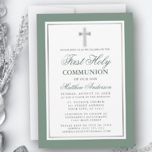 Elegant Första Heligan Communion Sage Grönt Silver Inbjudningar