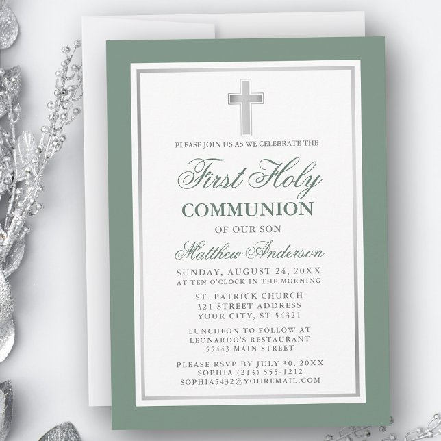 Elegant Första Heligan Communion Sage Grönt Silver Inbjudningar (Customize to change text size, color or text style.)