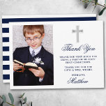 Elegant Första Heligan, gemenskap Fotoblått Rand Tack Kort<br><div class="desc">Tack för ditt kort med Silver Kor i elegant Första Heligan. Fotofronten. Blått skript. Blå och vit stripe bakåt.</div>