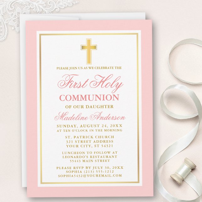 Elegant Första Heligan Kommunisiens Rosa Guld Inbjudningar (Customize to change text size, style, color or to add more text or photos to back of card.)