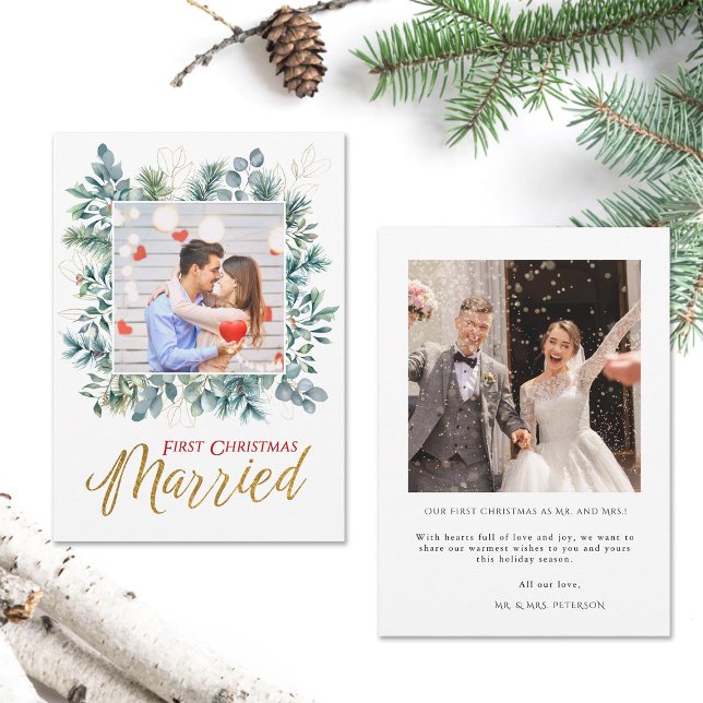 Elegant första julen gifta Nygifta 2 bilder (elegant first christmas married holidays christmas card two photos gold calligraphy modern botanical)