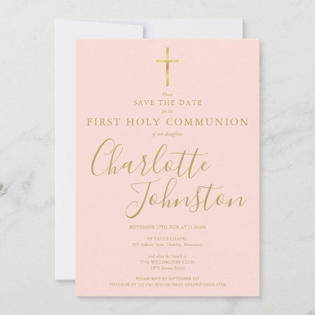 Elegant Första Kommunion Blush Rosa Guld Spara Datumet (Framsida)