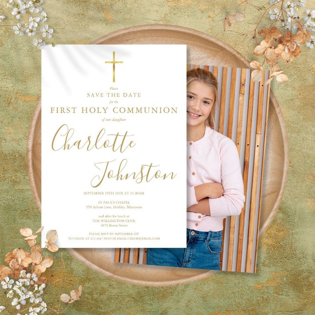 Elegant Första Nattvarden Guld Signatur Foto Spara Datumet (Elegant First Holy Communion Gold Signature Photo Save The Date)