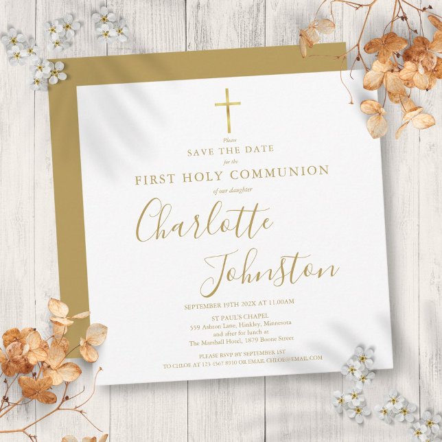 Elegant Första Nattvarden Guld  Spara Datum Meddelande (Elegant First Holy Communion Gold Save The Date Announcement)