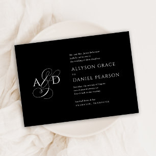 Elegant Första skriptet Monogram Black Bröllop Inbjudningar