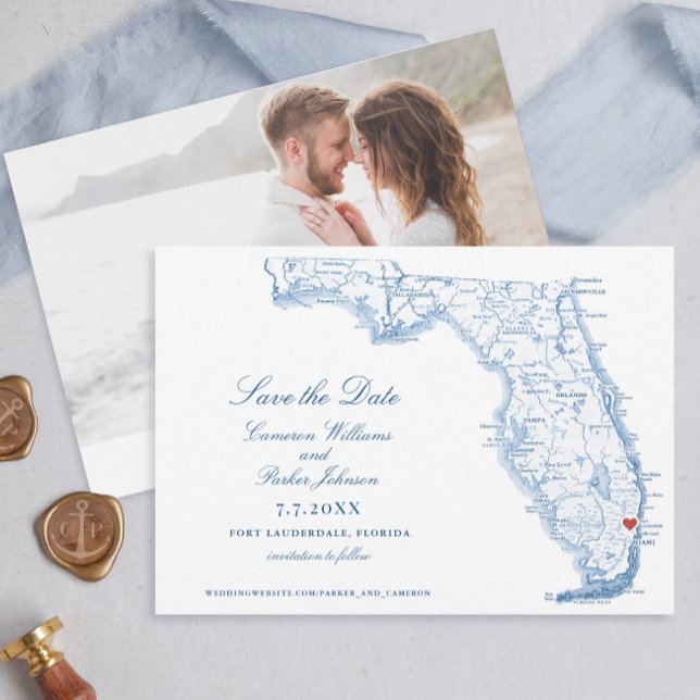 Elegant Fort Lauderdale Florida Bröllop flottan Ka Spara Datumet (Elegant Fort Lauderdale Wedding Save the Date with navy blue map from Coastal Map Designs)