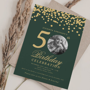 Elegant foto 50-årsdag Guldkonfetti Grön Inbjudningar