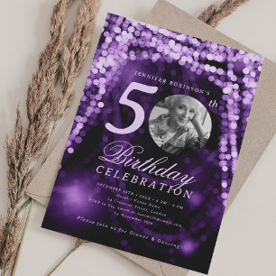 Elegant foto 50-årsdag lila glam-ljus inbjudningar
