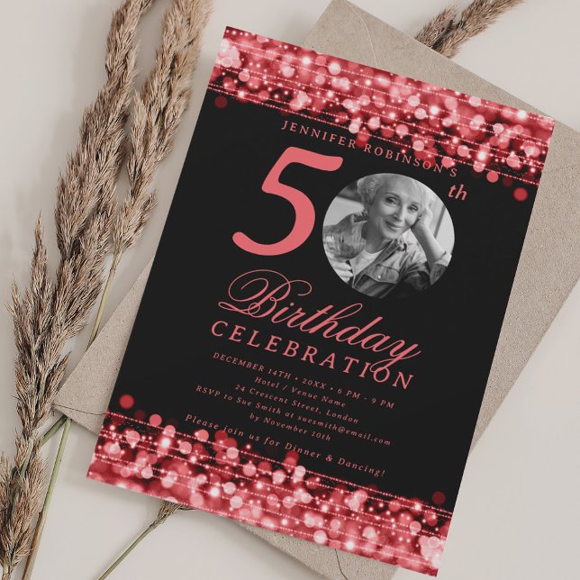 Elegant Foto 50-årsfirande Ruby Red-ljus Inbjudningar (Elegant Photo 50th Birthday Party Ruby Red Lights Invitation)