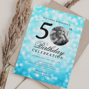 Elegant Foto 50-årsfirande Turquoise Bokeh Inbjudningar