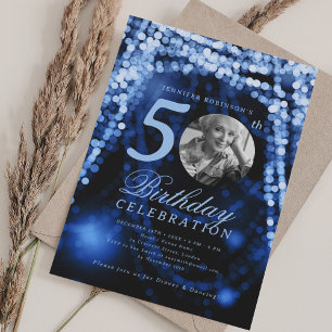 Elegant Foto 50:e födelsedag Blått Glam Ljus Inbjudningar