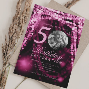 Elegant Foto 50:e födelsedagen Shock rosa Glam Lju Inbjudningar
