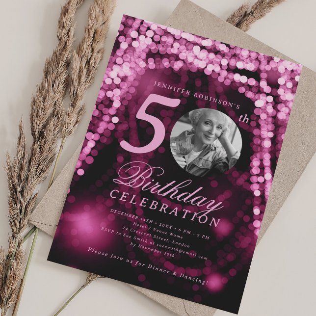 Elegant Foto 50:e födelsedagen Shock rosa Glam Lju Inbjudningar (Elegant Photo 50th Birthday Hot Pink Glam Lights Invitation)