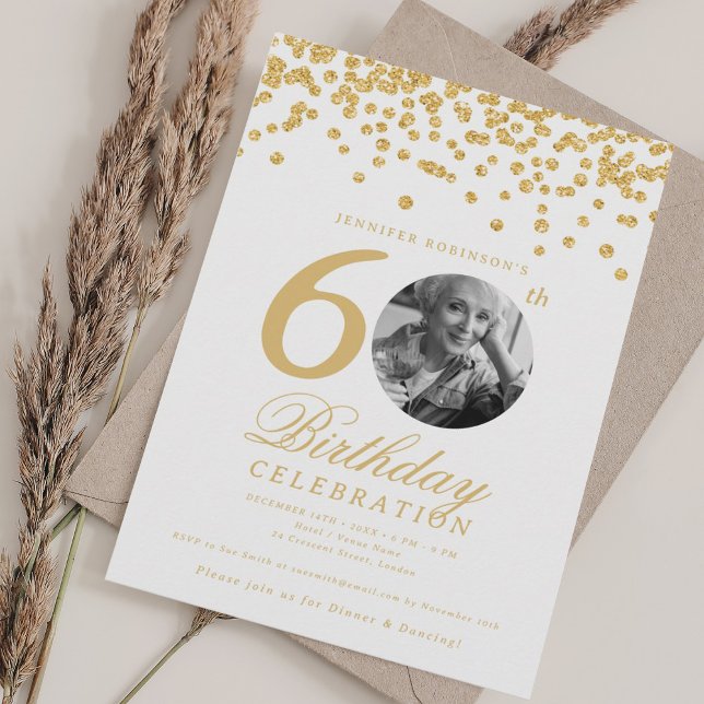 Elegant Foto 60:e födelsedagen Guld Confetti Inbjudningar (Elegant Photo 60th Birthday Gold Confetti Invitation)