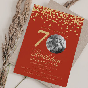 Elegant foto 70-årsdag Guld Röd Konfetti Inbjudningar