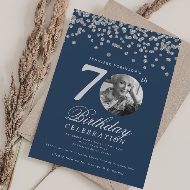 Elegant Foto 70-årsfirande Silver Marin  Inbjudningar (Elegant Photo 70th Birthday Party Silver Navy Invitation)