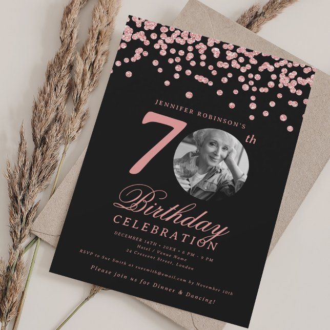 Elegant Foto 70:e födelsedag Ro Guld Black Inbjudningar (Elegant Photo 70th Birthday Rose Gold Black Invitation)
