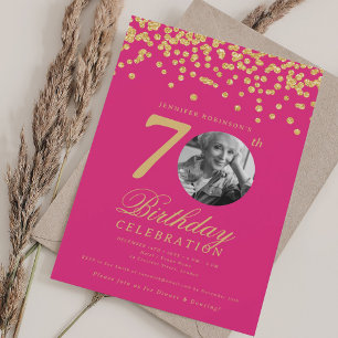 Elegant Foto 70:e födelsedagen Guld Shock rosa Inbjudningar