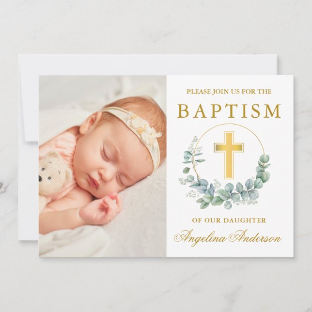 Elegant Foto av vattenfärgen Eucalyptus Baptism Gu Inbjudningar (Framsida)