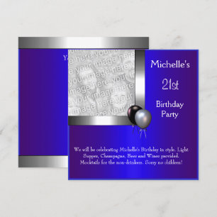 Elegant Foto Blå Silver Ballong 21-årsfirande Inbjudningar
