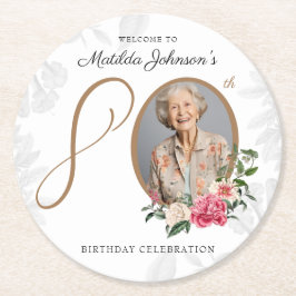 Elegant Foto Botanisk Blommig 80-årsdag Underlägg Papper Rund