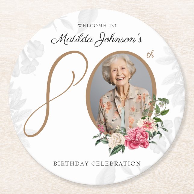 Elegant Foto Botanisk Blommig 80-årsdag Underlägg Papper Rund (Framsidan)