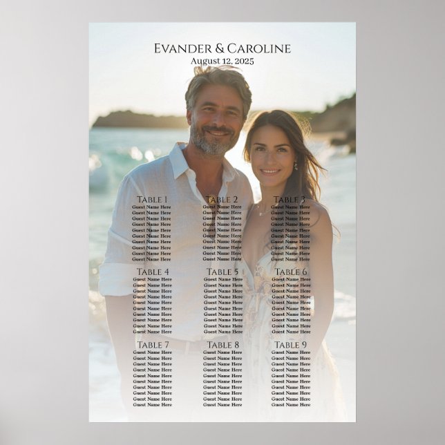 Elegant foto-bröllop-sittdiagram 9 bord poster (Framsidan)