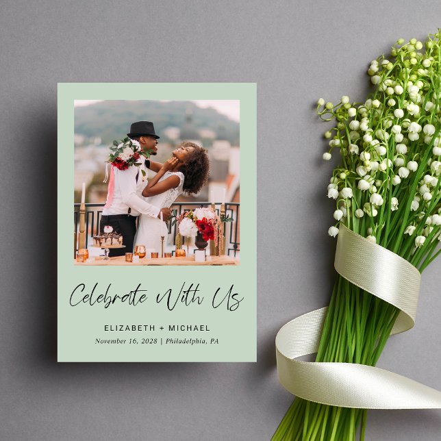 Elegant Foto Bröllopsfirande Sage Inbjudan (Celebrate your love story with a reception invitation showcasing your favorite wedding photo)