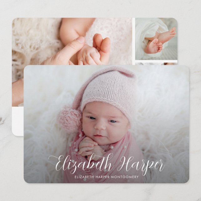 Elegant Foto Collage Birth Notice (Fram/baksida)