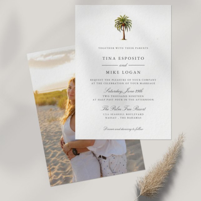 Elegant Foto för vattendroppsfärg, tropiska handfl Inbjudningar (Tropical Exotic Watercolor Palm tree wedding invitation with space for your best photo on the back)