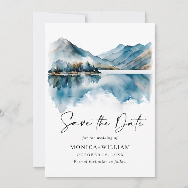 Elegant Foto för vattenfärgsbergen Forest Bröllop Spara Datumet (Framsida)