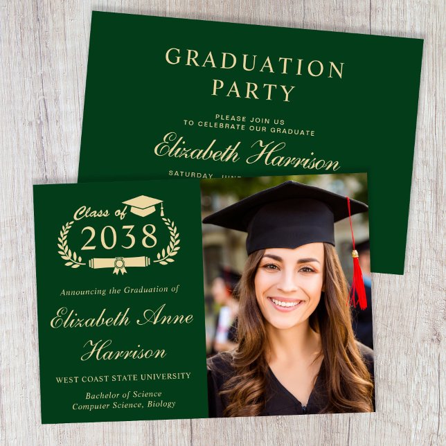 Elegant Foto Grön Guld Studenteksamensfest Inbjudningar (Elegant Photo Green Gold College Graduation Party Invitation)