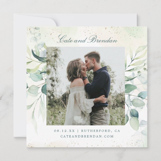 Elegant Foto Grönska Eukalyptus Bröllop Spara Datumet (Framsida)