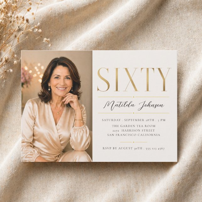 Elegant Foto Guld 60-årsdag Inbjudningar (Elegant Photo Gold 60th Birthday Invitation)