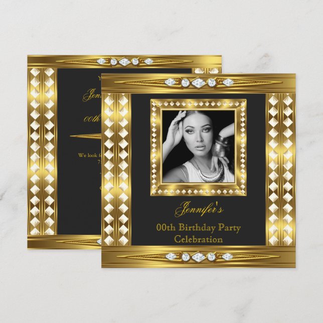 Elegant Foto Guld Glam Diamant Svart Födelsedag Inbjudningar (Fram/baksida)