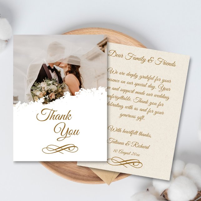 Elegant Foto Guld Skrift Bröllop Tacksamhetskort Tack Kort (elegant gold script wedding thank you card)