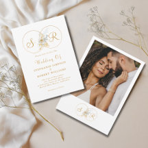 Elegant foto guldmonogram bröllopsinbjudan