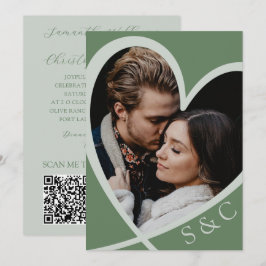 Elegant Foto Hjärta Sagegrön Bröllop Inbjudningar