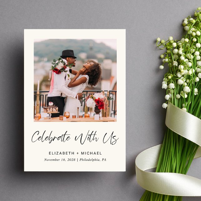 Elegant Foto Kräm Bröllopsmottagning Inbjudan (Celebrate your love story with a reception invitation showcasing your favorite wedding photo)